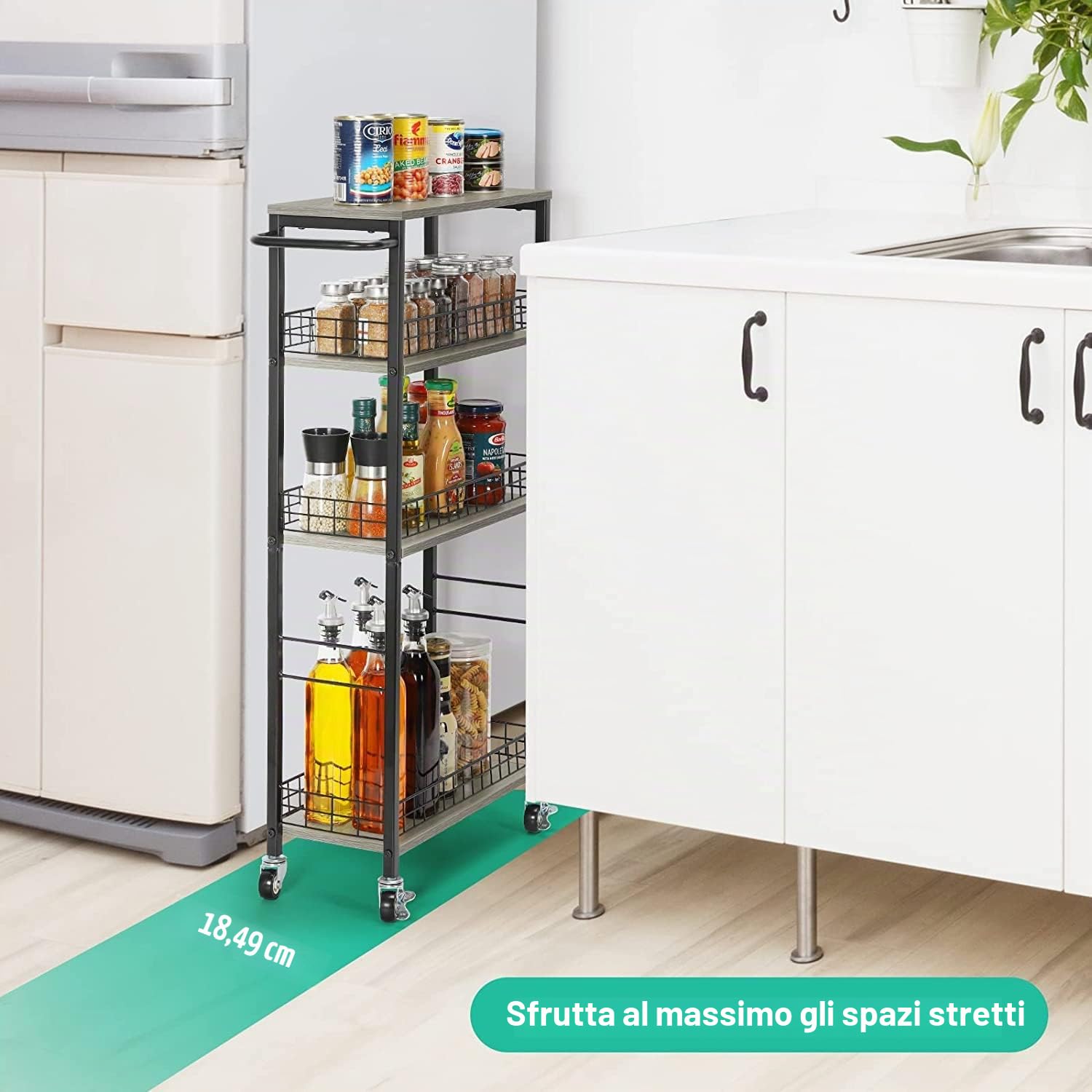 YBING Carrello portaoggetti sottile a 4 livelli sottile su ruote, carrello da cucina mobile stretto con tavolo in legno, grigio scorrevole con manico per soggiorno, dispensa, larghezza 17.9 cm