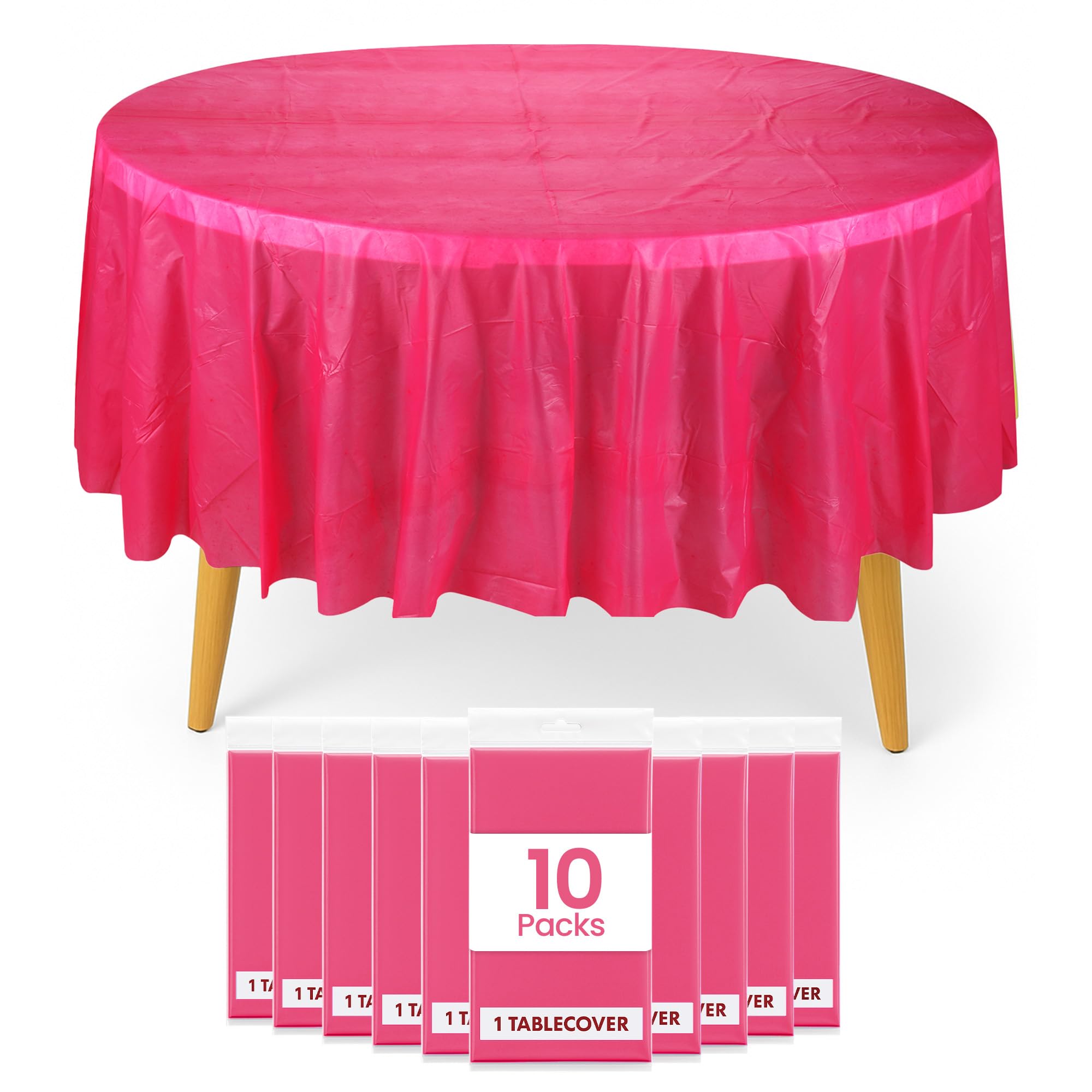 WedDecor 84-Inch Round Disposable Table Covers, Heavy Duty PVC Tablecloth for Kitchen, Christmas, BBQs, Home Party, and Heat-Resistant Dining Protection, Hot Pink, 10pcs