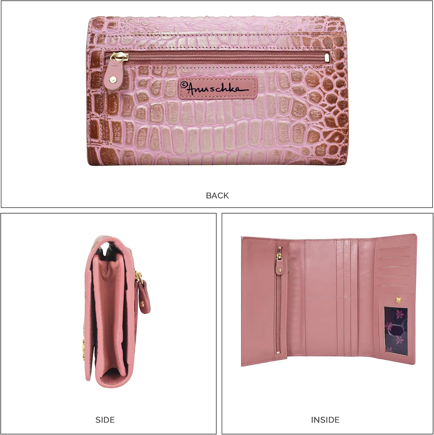 Anuschka Women’s Hand-Painted Genuine Leather RFID Blocking Three Fold Wallet - Crocodile Embossed