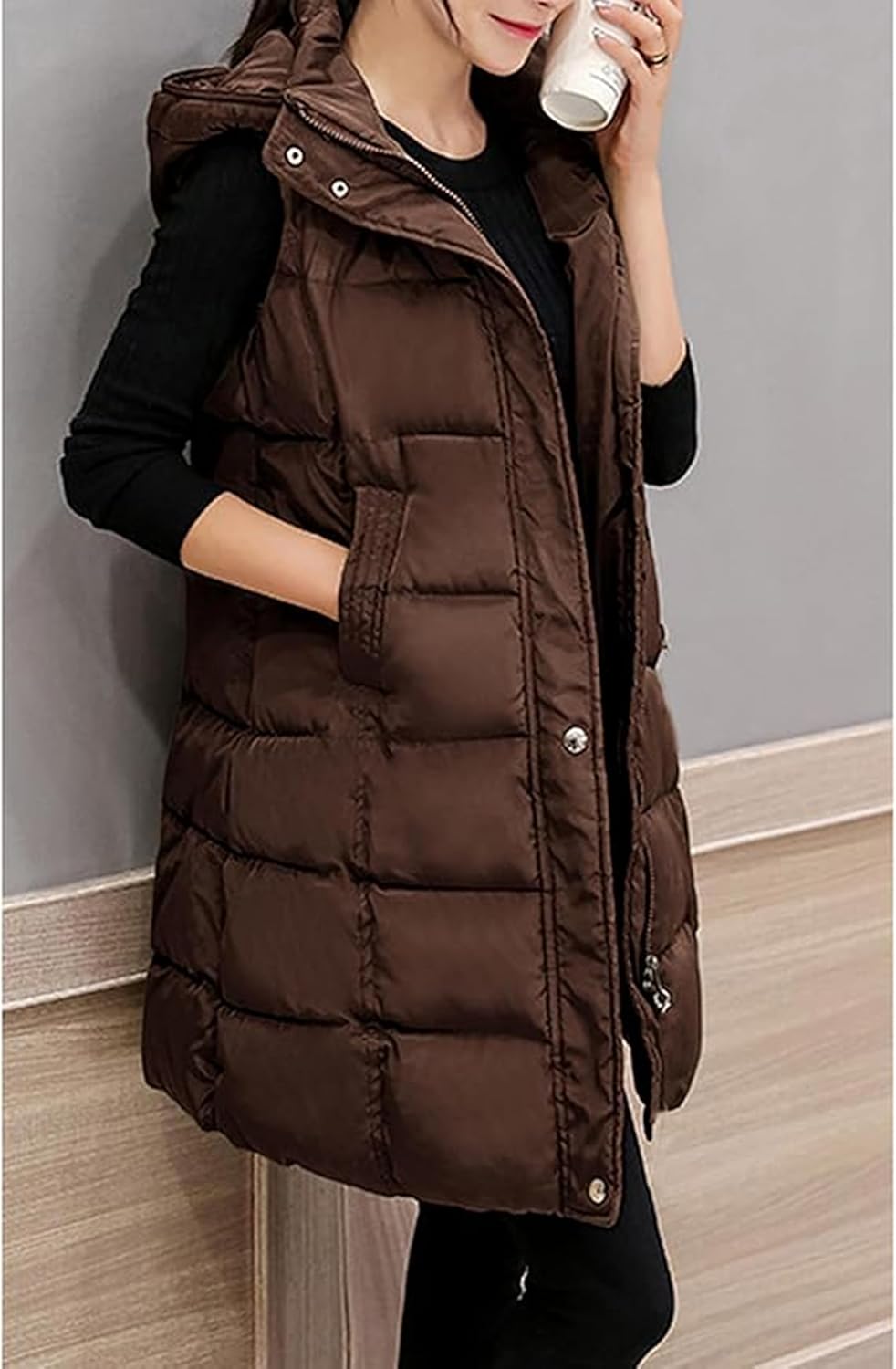 Fiona Jolin Long Puffer Vest Women Sleeveless Hooded Puffy Jacket Coat Outerwear Vest Gilet - Image 3