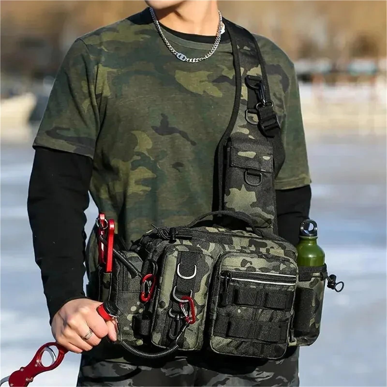 Borse Porta Attrezzi, Scatola Porta Esche, Borsa Porta Attrezzi, Marsupio for Uomo, Zaino da Pesca a Mosca con Porta Canna, Borsa a Tracolla per Esche, ami