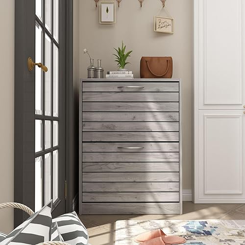 Miniatura 3 de FAMAPY Moderno zapatero con 2 cajones abatibles, gabinete de almacenamiento independiente de zapatos, diseño de obturador, organizador de