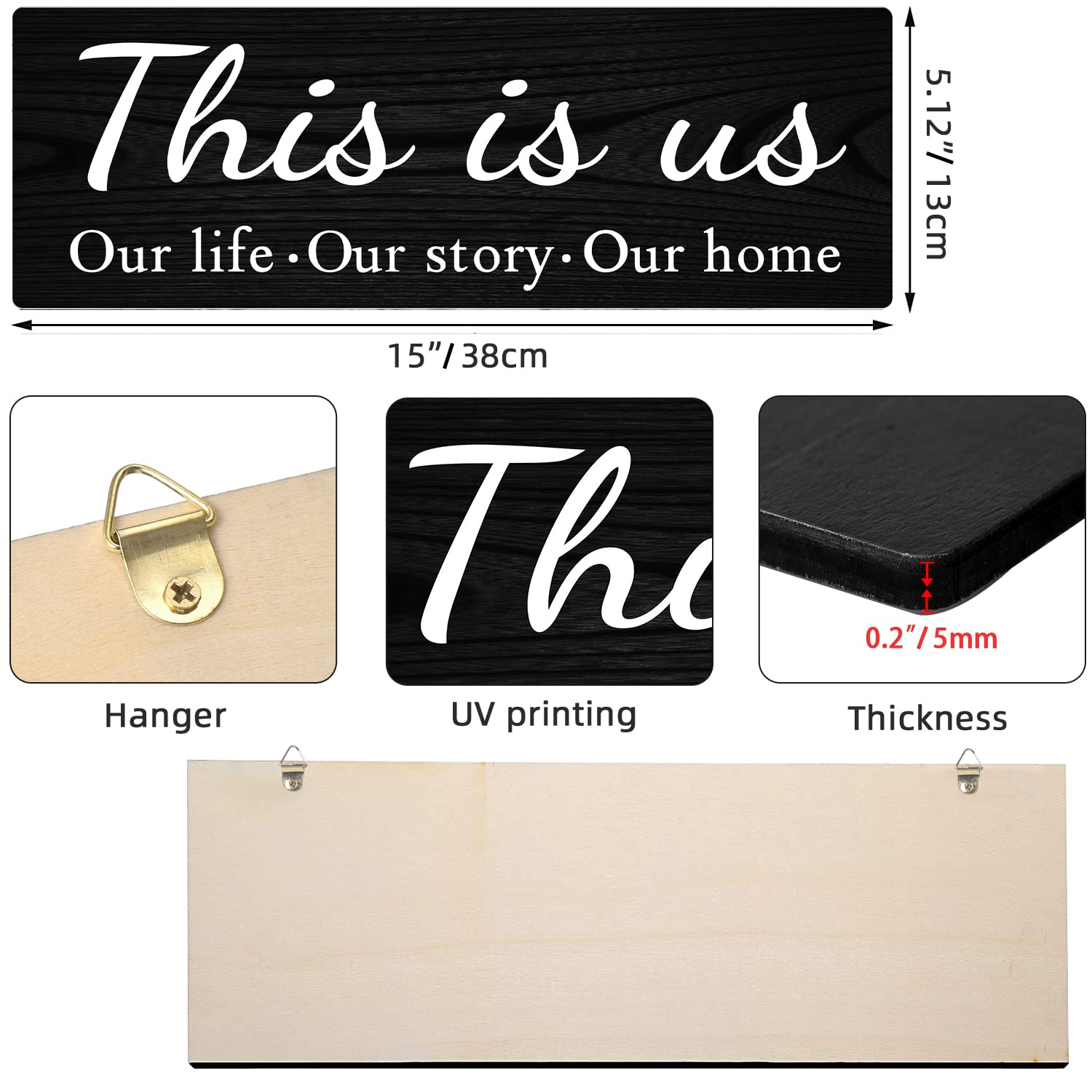 4 PCS Home Wall Decor Signs, IDATOO Rustic Wooden Living Room Hanging Decorations with Quotes THIS IS US/TOGETHER/BLESS THIS/FAMILY, Housewarming Gifts for Wedding Kitchen (Black-2, 15 x 5.1 inch)