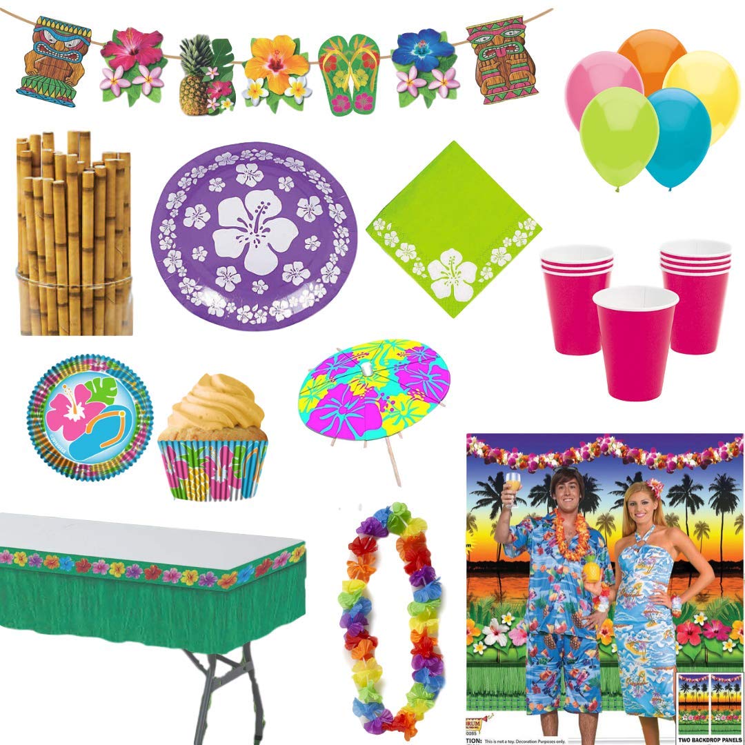 Summer Luau Party Supplies Pack for 16 - Tropical Theme Decorations and Tableware Kit for 16