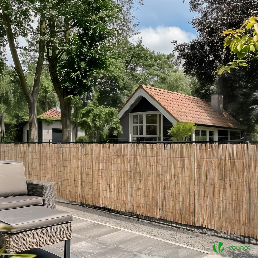 VOUNOT® Natural Peeled Reed Fence 90x600cm Privacy Screen Roll with Fixing Clips Garden Panel Fence for Outdoor Garden Patio Balcony Wind/Sun Protection - Image 2