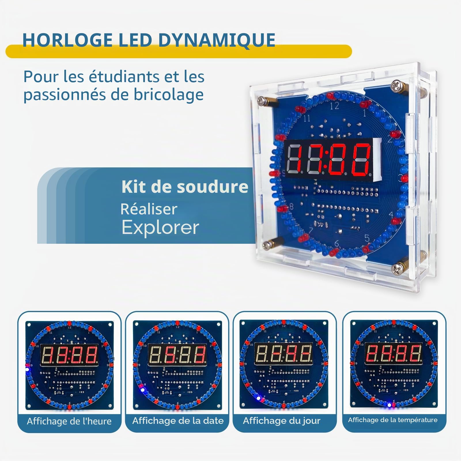 EIELE 4 tubes numériques horloge électronique rotative contrôle de la température contrôle de la lumière kit de soudage multifonction boîte transparente kit de bricolage électronique pour loisirs