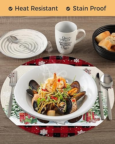 Miniatura 4 de Juego de 2 manteles individuales redondos trenzados, antideslizantes, gnomos, árbol de Navidad, diseño de copos de nieve, diseño retro de Navidad,