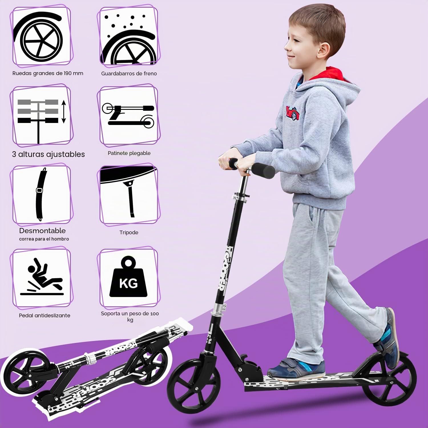 Patinete de ciudad con ruedas grandes, plegable, altura regulable, para niños y adultos, freno trasero, patinete con correa, máx. 100 kg