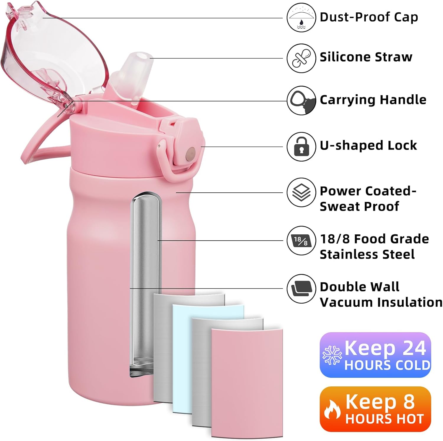 BJPKPK Stainless Steel Insulated Water Bottle with Straw Lid 14oz Reusable Metal Thermal Flask Bottles Keep Cold and Hot,Light Pink - Image 2
