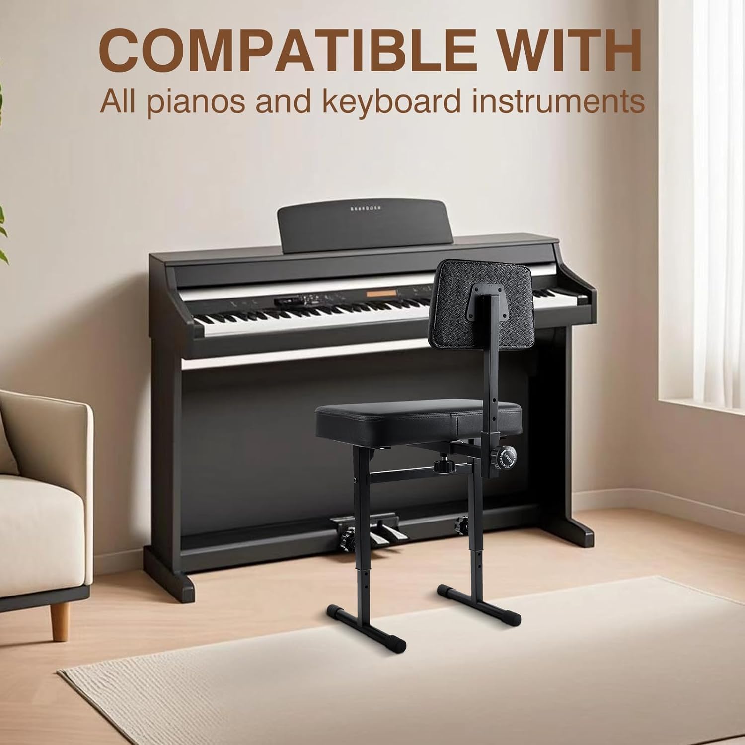 Verstellbare Klavierbank mit Rückenlehne, gepolsterter Hockersitz für Keyboard-Musiker, ergonomische Unterstützung