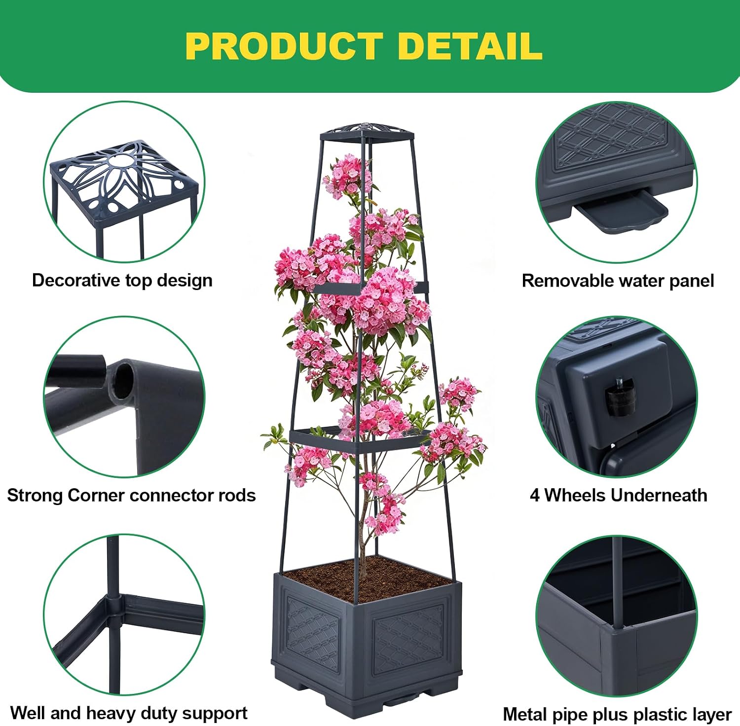 Raised Garden Bed, Tomato Cages for Garden, Tomato Cage, Raised Garden Beds Outdoor, Planter Box with Trellis, 44.8" Self-Watering Tomato Planter for Climbing Plants Vegetables Flowers(With Wheels) image 5