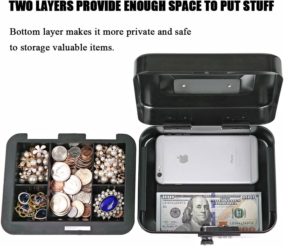 Jssmst Small Cash Box with Combination Lock – Durable Metal Cash Box with Money Tray Black,7.87 x 6.3 x 3.35 inches, CB0701M : Office Products
