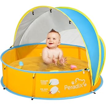 Peradix 4-in-1 Pop Up Baby Paddling Pool Baby Pool with UV Protection Ball Pool Baby Tent Beach Tent with Mosquito Net Portable Play Tent Ball Pit Sun Protection Summer for Years Blue/Yellow