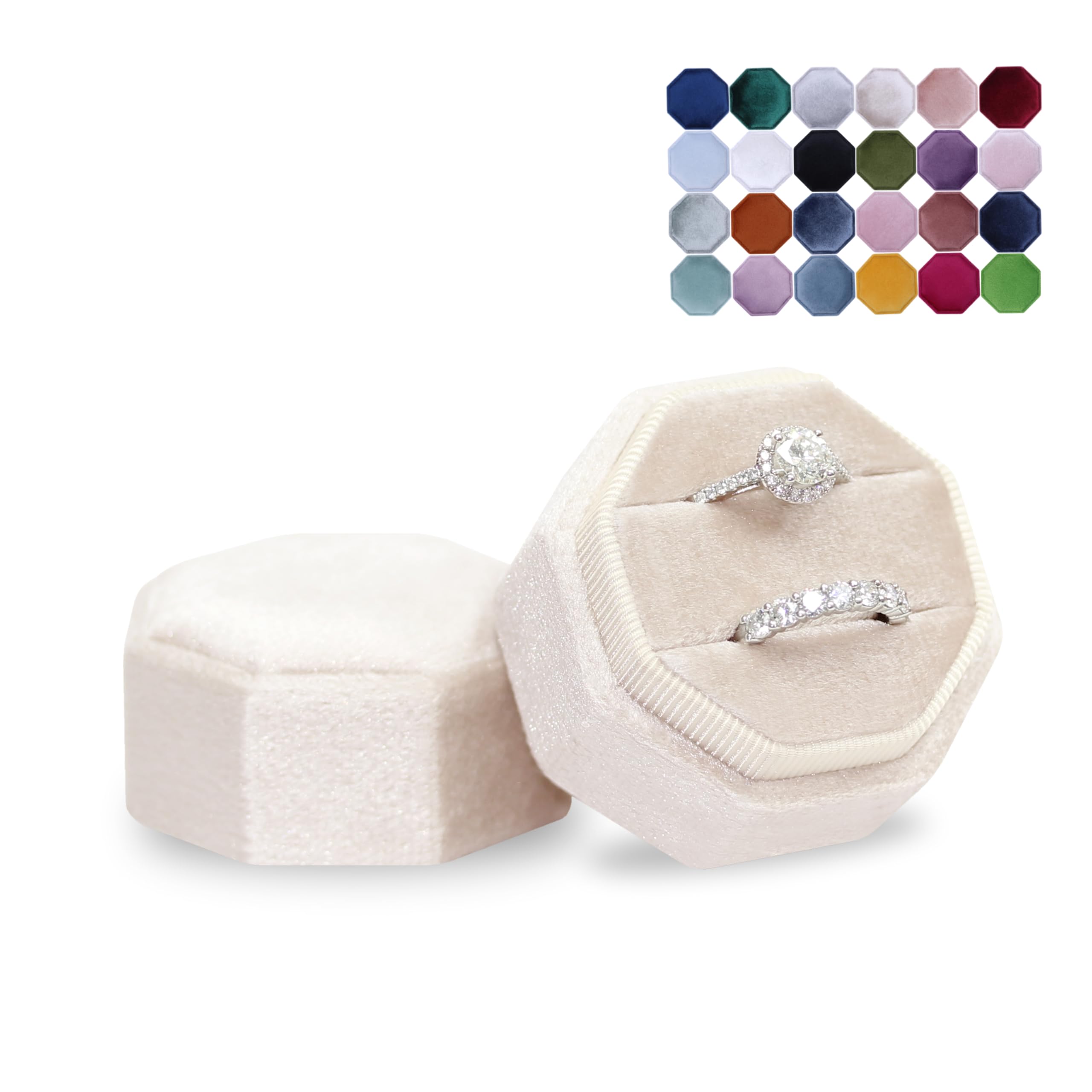 BLUTETEBLUTETE Velvet 2 Slots Jewelry Ring Box Engagement Wedding Box Keepsake Box Bridal Photo Ring Double Slots Octagon (Champagne)