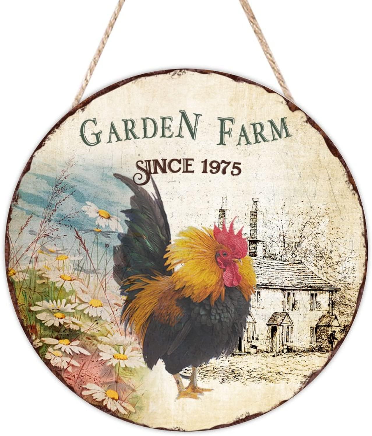 Garden Farm Since 1975 Front Door Sign, Chicken Wood Door Sign, 16x16in Vintage Wall Hanging Sign Plaque for Front Door Entryway Porch Bar Pub Farewell Party Housewarming Gifts