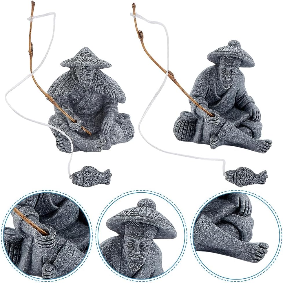 WEBEEDY 3 Styles Mini Fisherman Figurine Old Man Statues Zen Decoration,Chinese Sitting Fishing Sandstone Vintage Ornament for Aquarium Fish Tank Fairy Zen Garden Micro Landscape Flower Pot Decor