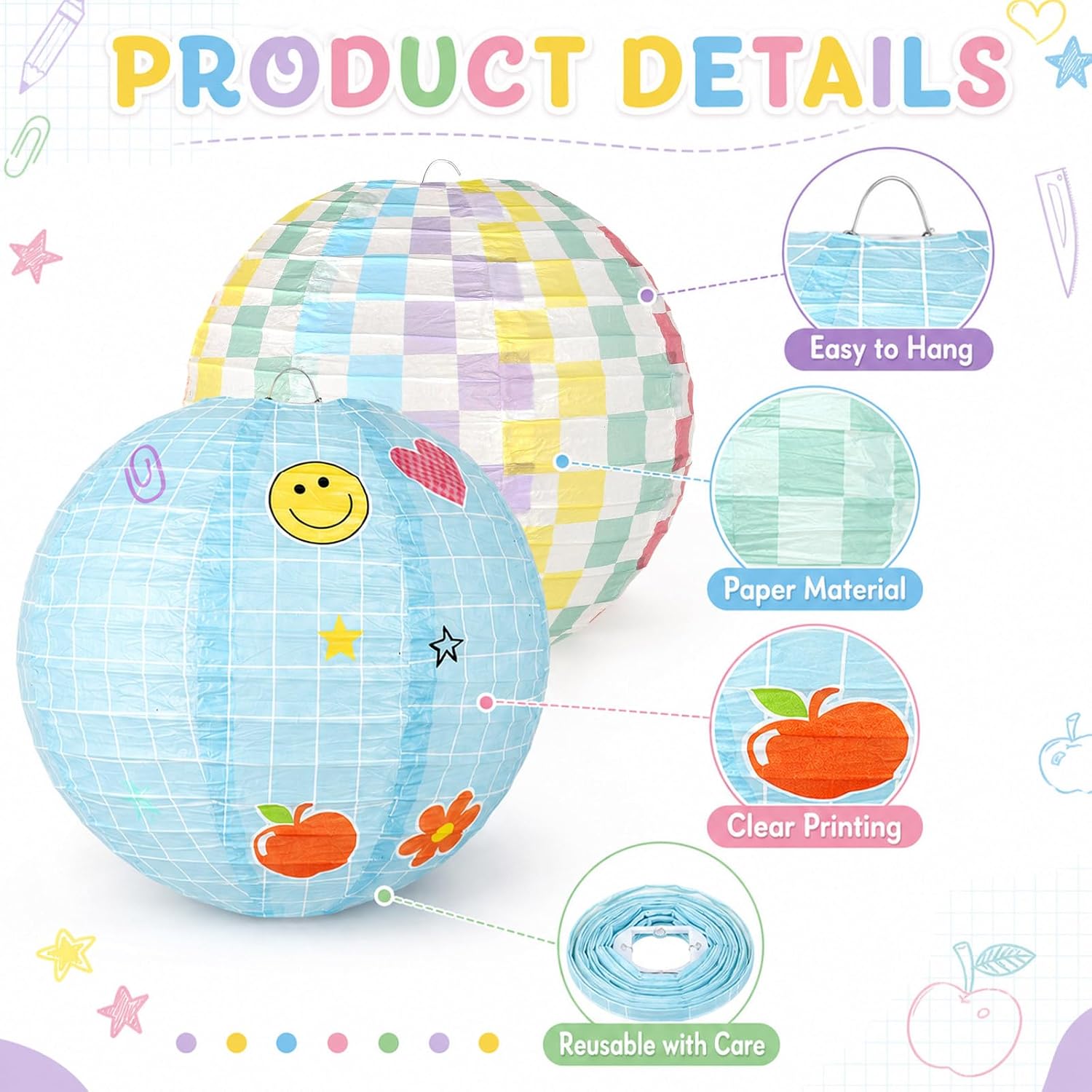 12 PCS Composition Notebook Classroom Hanging Paper Lanterns Back to School Party Decorations Pastel Checkered Pencil Apple Ceiling Hanging Decorations for School Birthday Party Home Decor