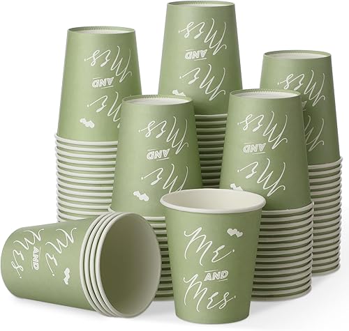 Fulmoon 100 vasos de papel verde salvia de 9 onzas, vasos de papel desechables Mr and Mrs para boda, despedida de soltera, tazas de café, bebidas de
