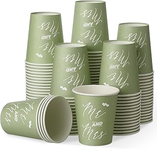 Fulmoon 100 Pcs Sage Green Paper Cups 9 oz Cup Disposable Mr and Mrs Paper Cups Wedding Bridal Shower Coffee Cups Birthday Beverage Drinking Cups Bulk for St Patricks Tea Party Picnic Business Supply