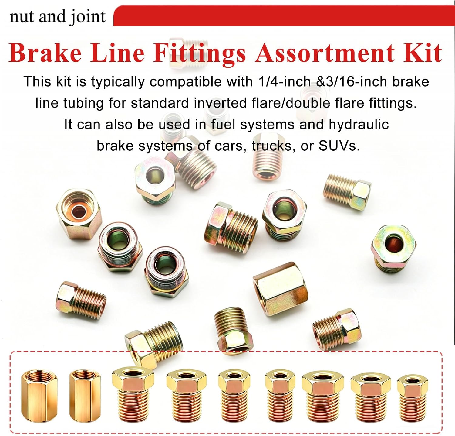 Tnisesm 102Pcs 3/16" & 1/4" Brake Line Fittings Assortment Kit,3/8 Inch-24 Threads Nuts and Unions,7/16Inch-24,1/2 Inch-20,9/16 Inch-18,7/16 Inch-24 Threads Nuts and Unions