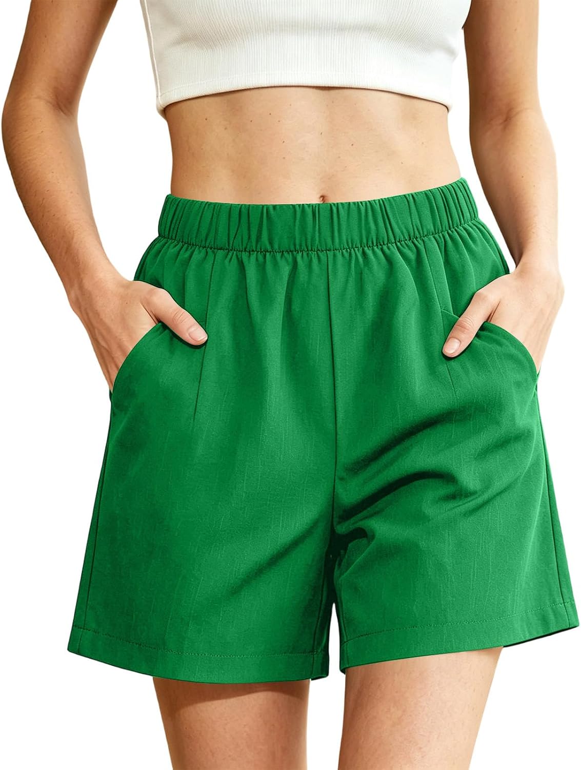 Womens Shorts Casual Lightweight Elastic High Waist Drawstring Summer Shorts with Pockets Beach Vacation Clothing