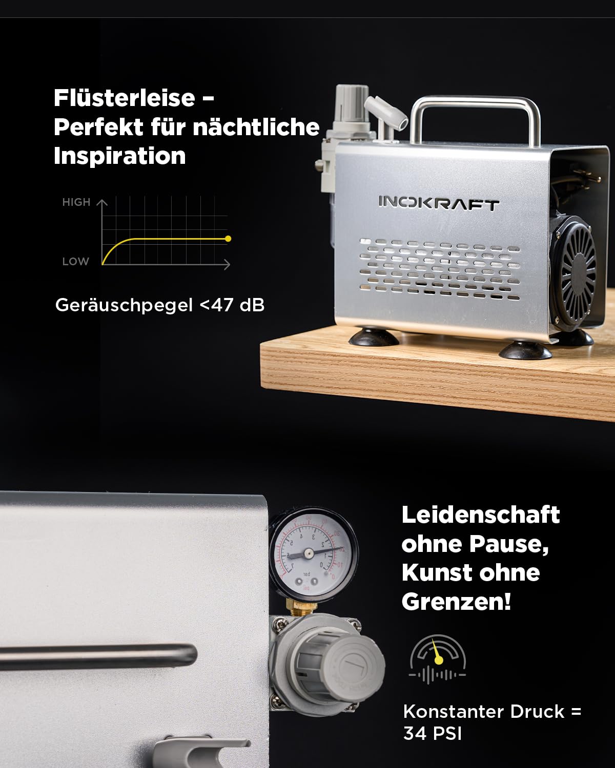 InoKraft Airbrush-Set mit Kompressor 1/6 HP leiser Luftkompressor, 3 Düsen 0,2 0,3 0,5 mm, Airbrushpistole, Schlauch, Halter, Anleitung, 4 Farben
