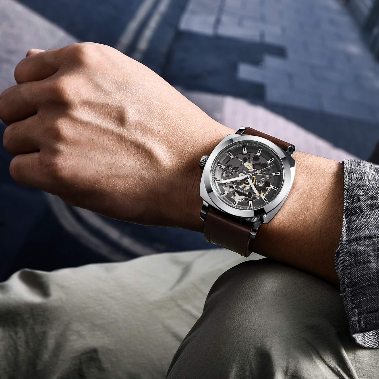 BENYAR - Montre mécanique Automatique pour Homme - Bracelet en Cuir - Mouvement doré - Cadran Squelette de 45 mm - Résistant à l'eau et aux Rayures - Cadeau élégant pour Homme