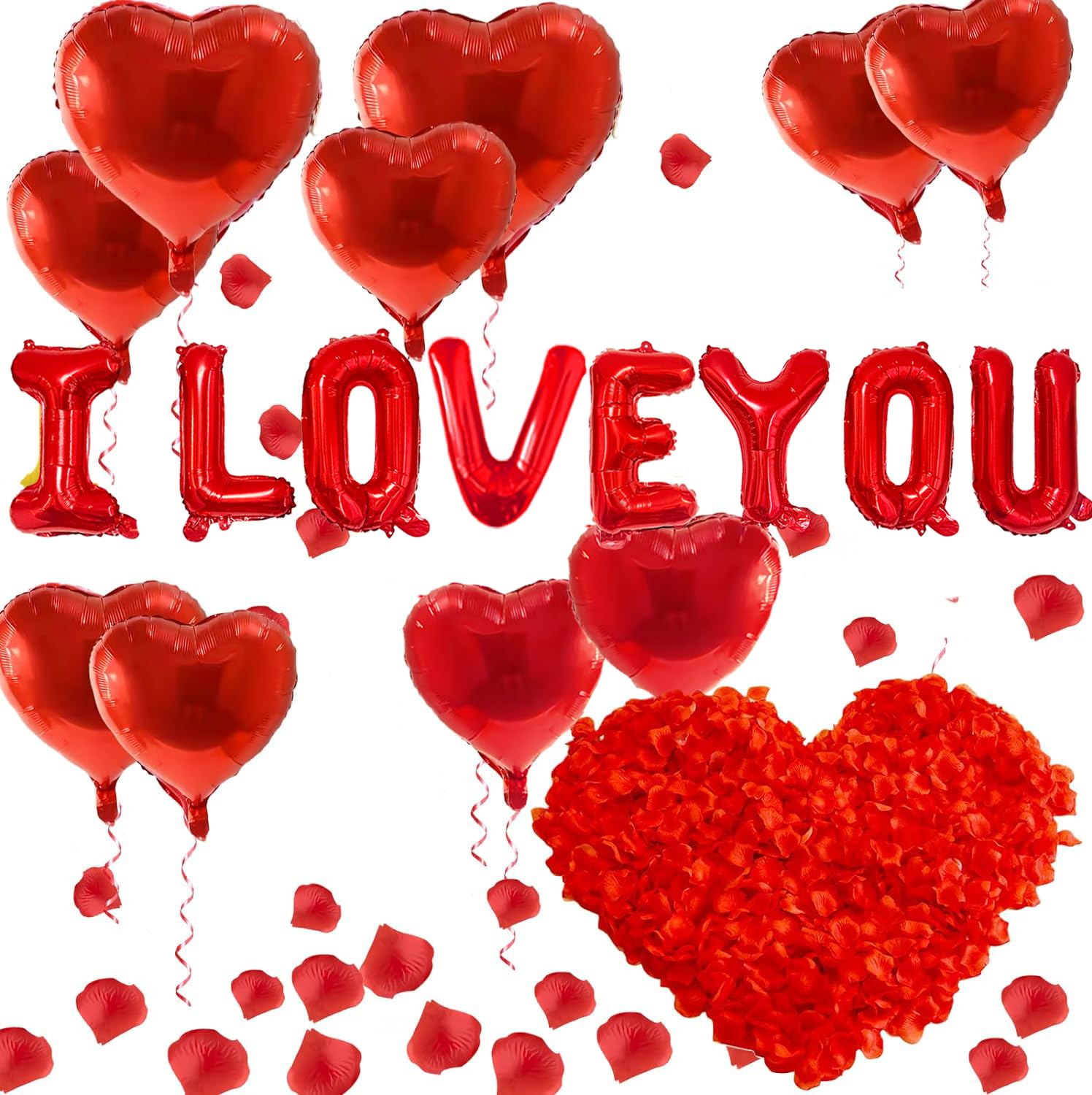 I Love You Heart Balloons with 500 Rose Petals, Foil Mylar Love Balloons for Him/Her Wedding Anniversary Engagement Valentine Day Romantic Decorations