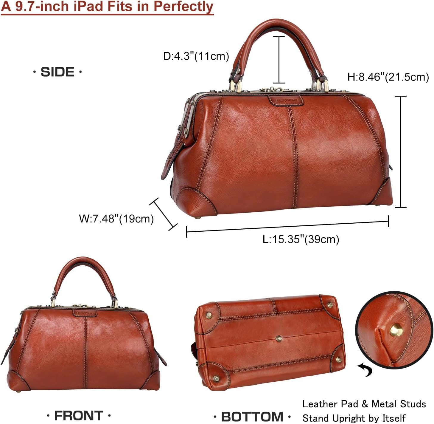 Banuce Leather Handbags for Women Full Grain Italian Leather Doctor Bag Purse Ladies Satchel for 9.7 inch iPad Vintage Brown - Image 5