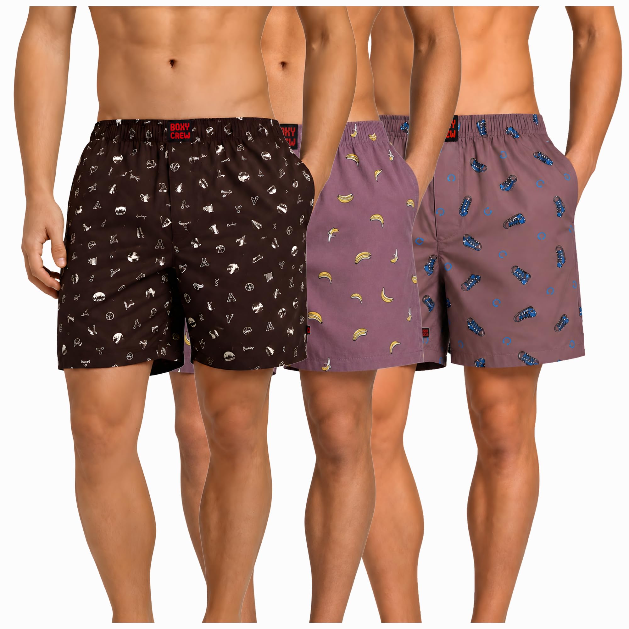 Men's 100% Cotton Boxer Shorts Pack of 3, Brown, Rose Pink & Mauve | Woven Boxers with Side Pockets, No-Marks Elastic Waistband, Breathable Relaxed Fit | Style 005-006-015-image-47