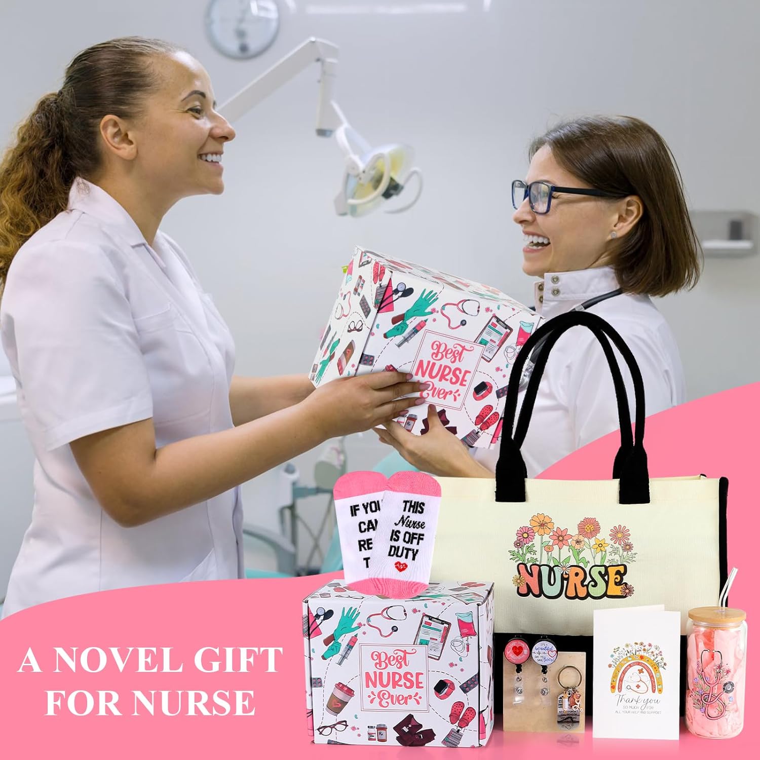 Nurse Appreciation Gifts: Canvas Beach Bag, Glass Cup, Socks, Keychain, Badge Reel Holder - Image 7