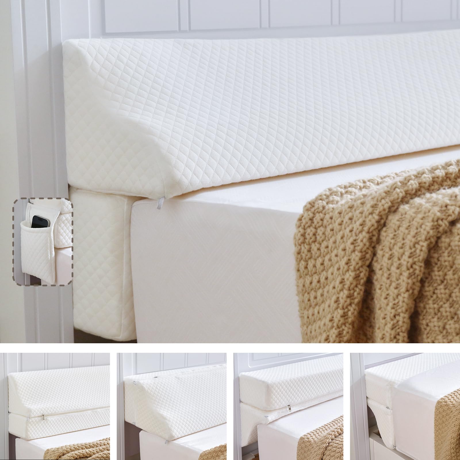 bed wedge gap filler queen size, wedge pillow for headboard gap, foldable mattress gap filler close the gap (0–7") between headboard and mattress, bed crack pillow, 60×10×6 in, white