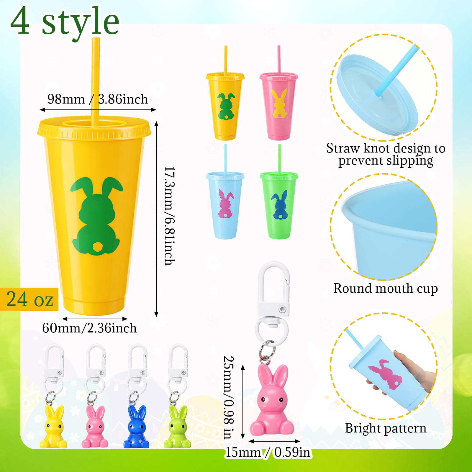 Willinglong 12 Set / 60 Pcs Easter Gift Include 24 oz Tumbler with Lids and Straws, Bunny Notebook, Colorful Pen for Easter Party Favor Basket Stuffers Classroom Prizes Gifts