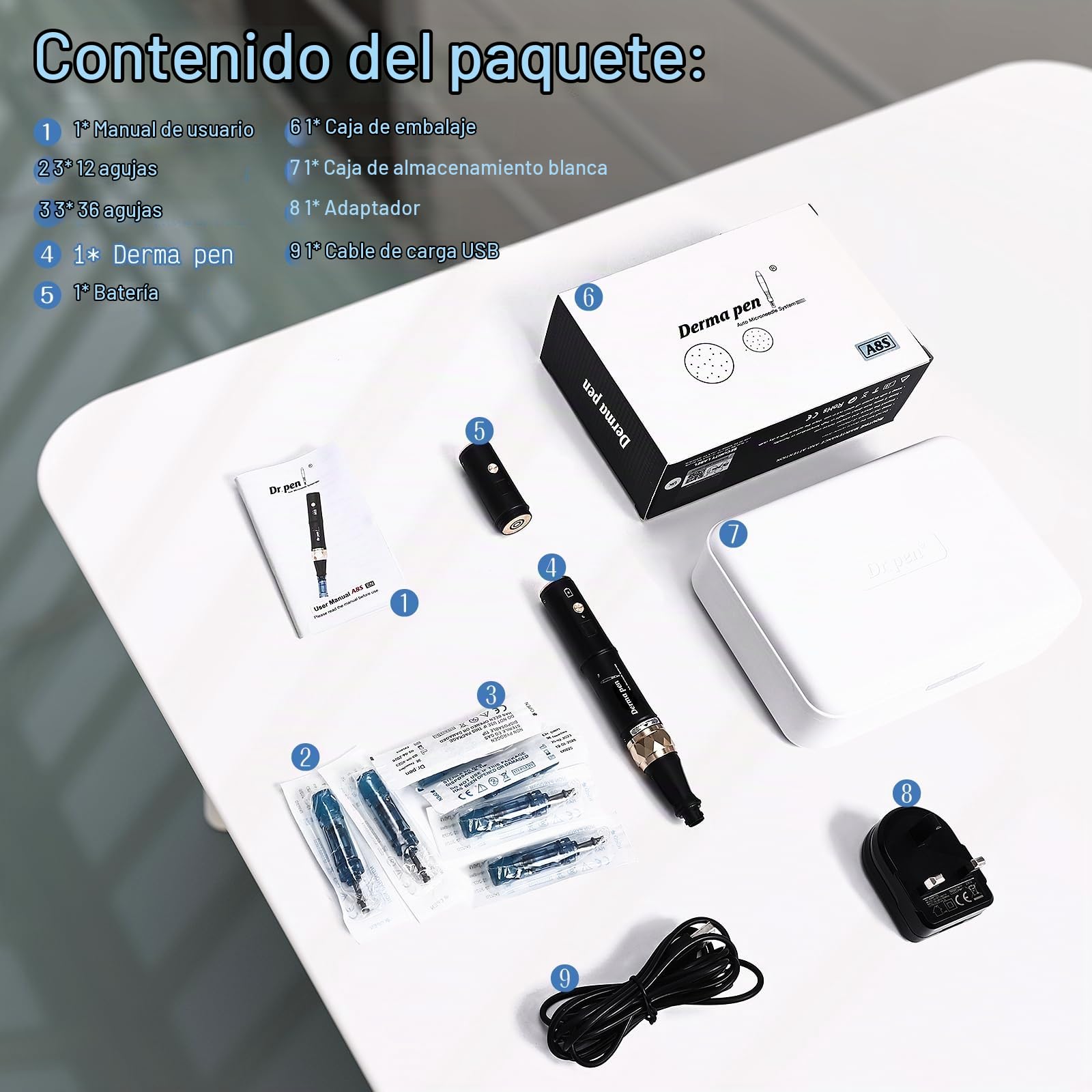 TopDirect Dermapen Profesional, Dr Pen A8S Microneedling, Derma Pen Eléctrico Auto Recargable para Facial y Cuerpo, 0-2,5 mm Ajustable con 6 Niveles de Velocidad, 6 unidades Agujas Dermapen