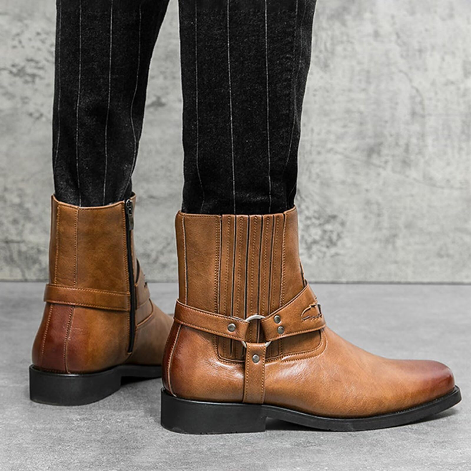 HusSeN Zachodnie kowbojskie buty dla mężczyzn buty do połowy łydki niski obcas na co dzień haftowane boczny zamek błyskawiczny retro buty robocze unisex buty do połowy łydki
