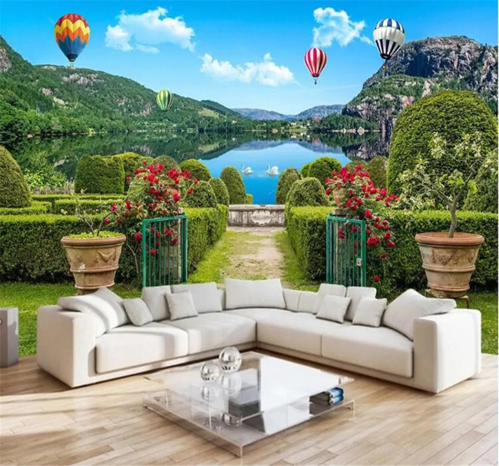 Tzxztt Fresh Beautiful Garden Landscape Balloons Modern 3D Wallpaper Premium Textured Silk Neutral Tones Material Ideal for Living Room Bedroom-350cm×256cm