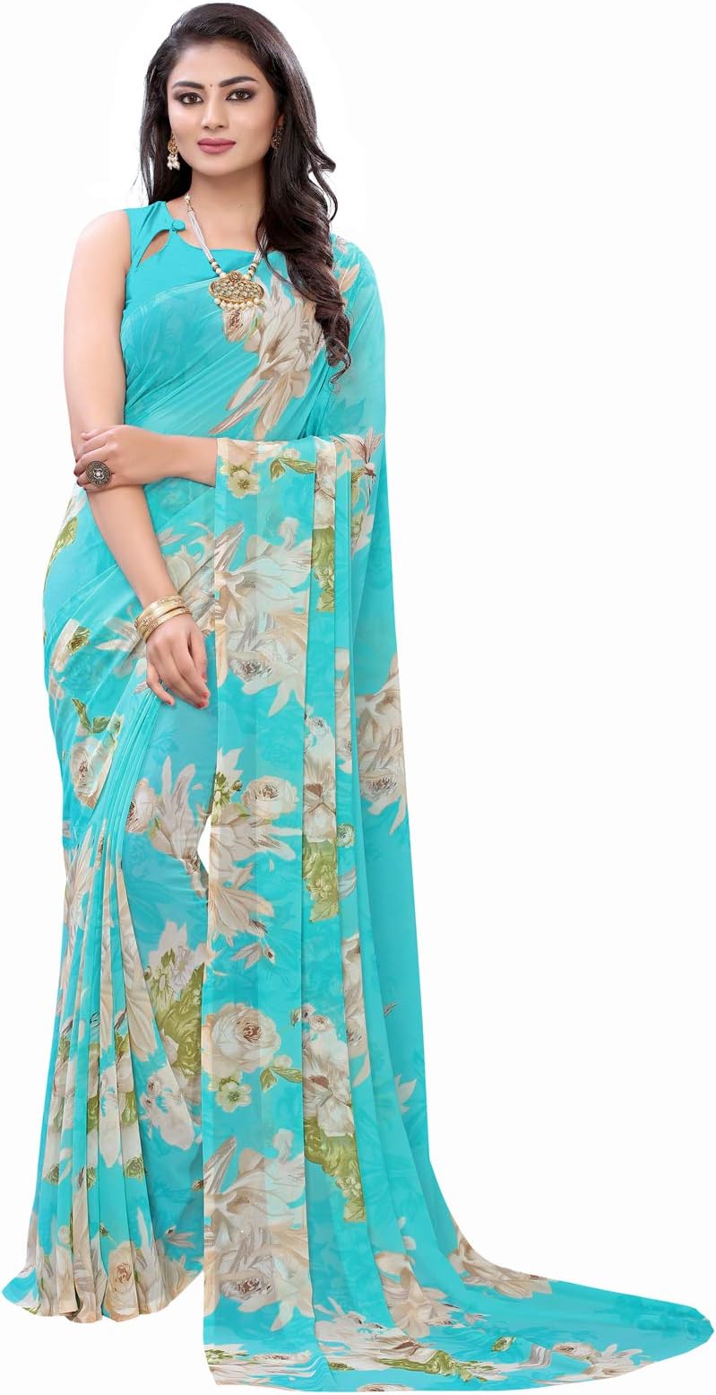 Georgette Women's Sari with Blouse, Aqua Blue, 5.5 Meters