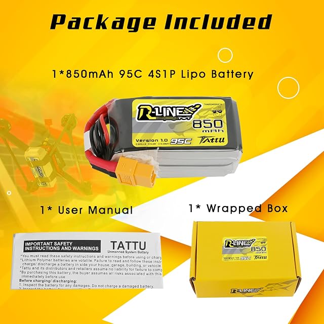 Foto 2 de 6 de Tattu Lipo 4S 850mAh Batería 14.8 V 95C Batería RC con XT60 Conector para FPV Racing UAV dron cuadricóptero…