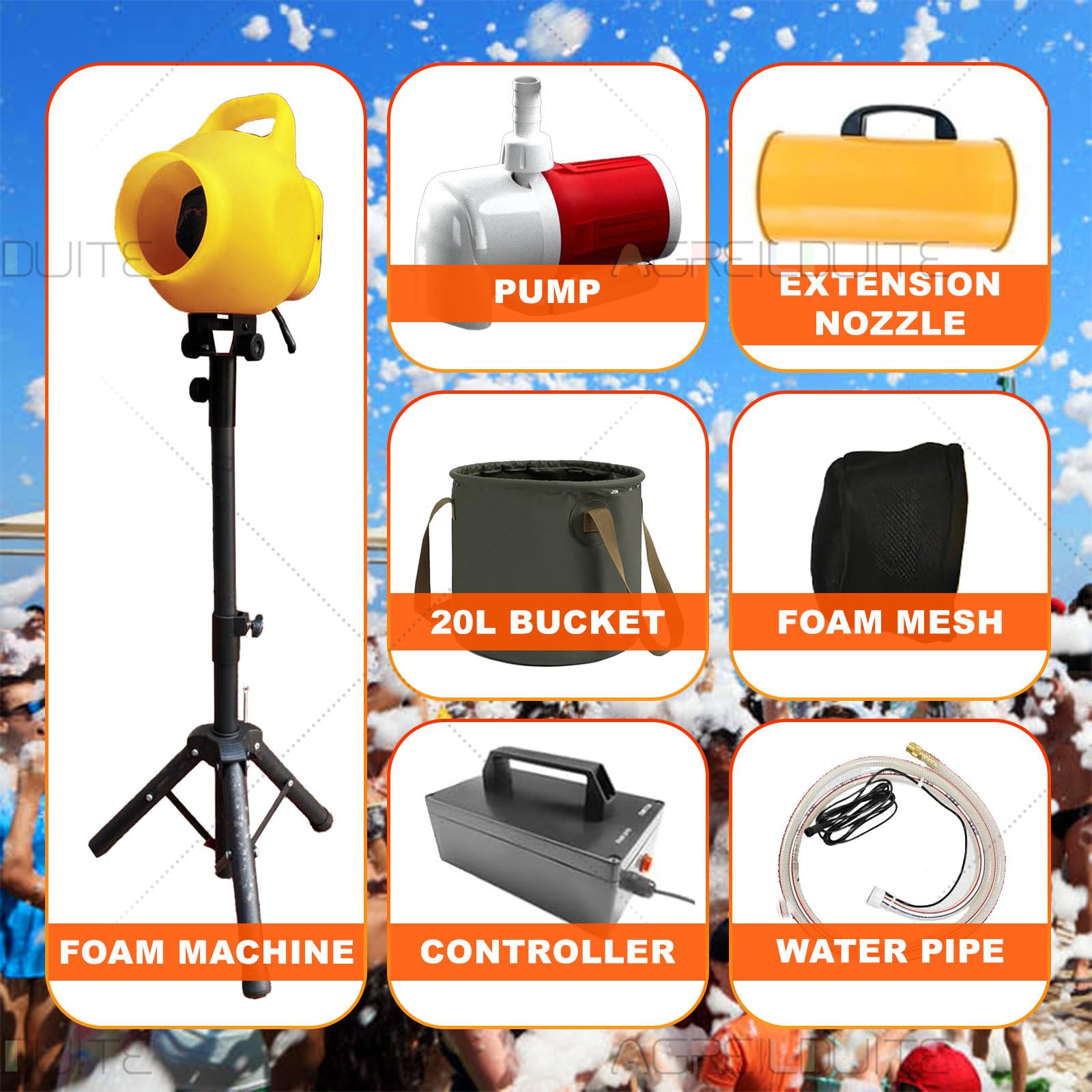 Maquina De Hacer Espuma Para Fiesta, Kit Portátil | Con Cubo Plegable 20 L, Boquilla Extensible Y Malla De Espuma, Con Soporte Ajustable De 1 a 1,3 M, Ángulo Y Densidad De Espuma Ajustables