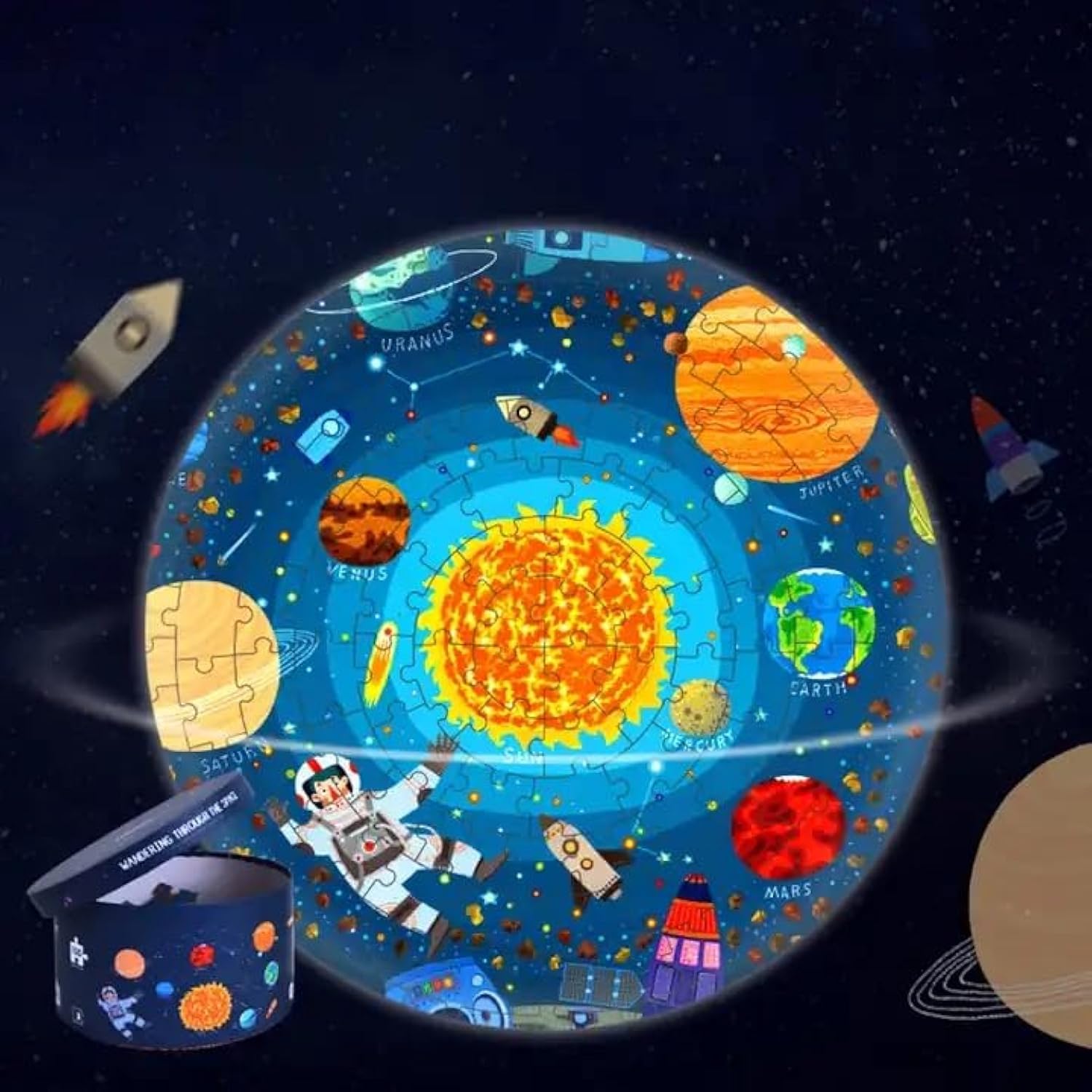 LOVEQI Jigsaw Puzzles for Kids, 150pcs Round Shape Space Themed Paper Puzzles with Storage Box Colorful Solar System Floor Puzzle Educational Puzzle Toy for Kids Ages 4-6 Years old
