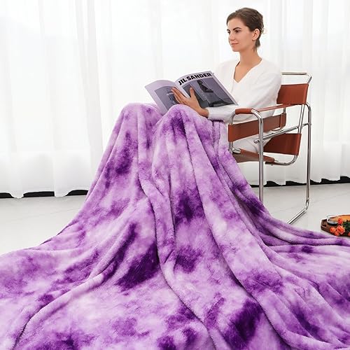 Miniatura 4 de MUGD Mantas suaves mullidas de forro polar para cama individual, manta cálida para cama Morado y blanco
