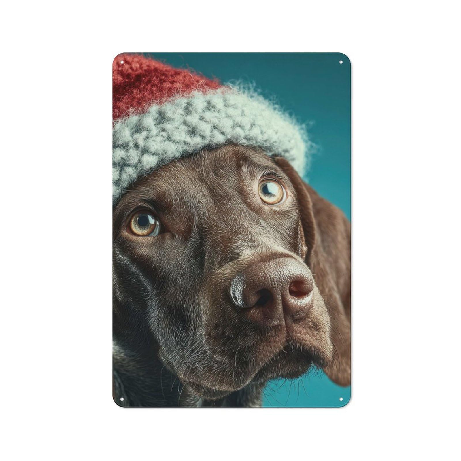 Tin Sign 30x20cm with Dog with Christmas Hat Portrait for Garage Wall, Rustic Decor, for Living Room, Hallway And Entrance Wall Decor