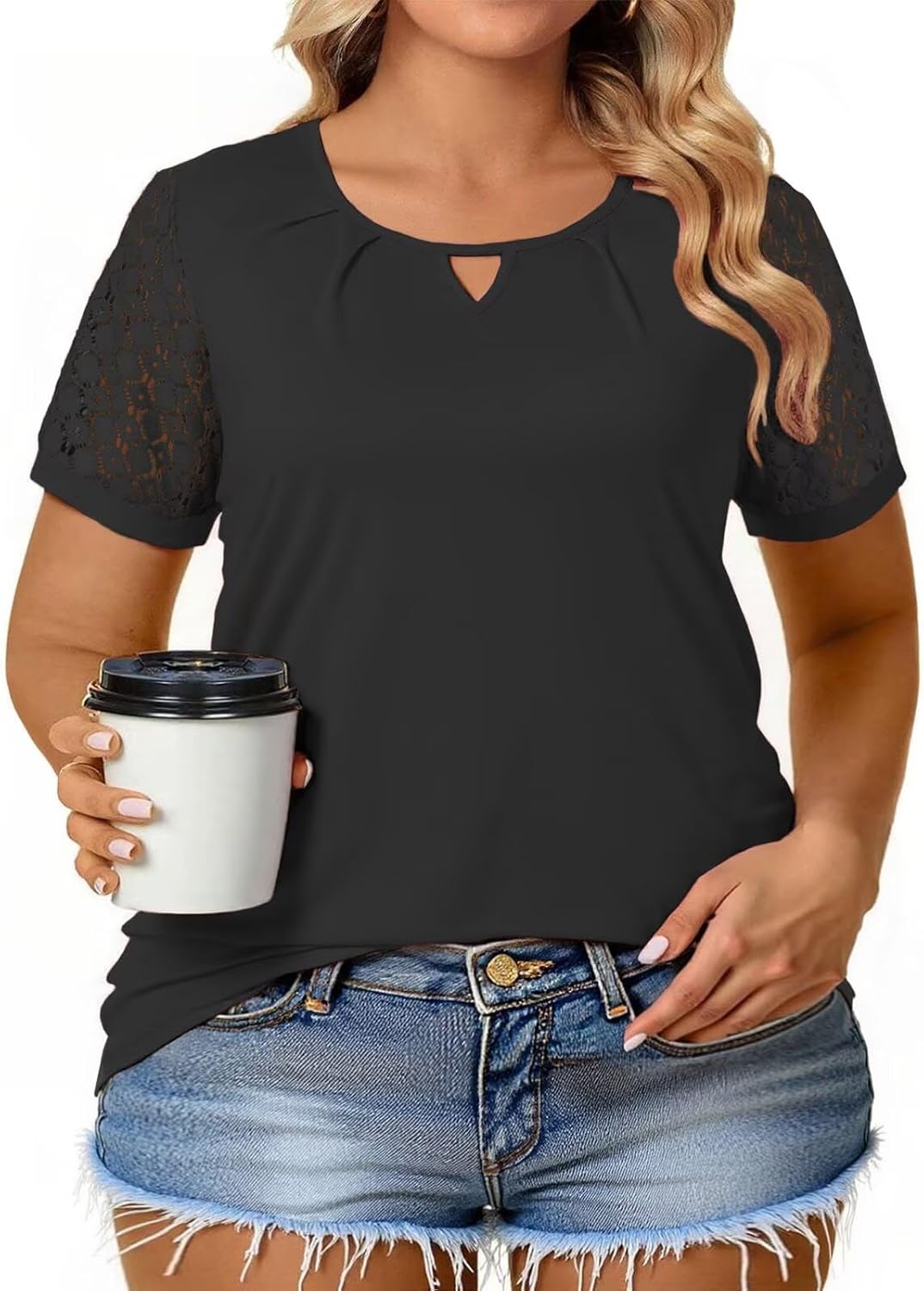 VISLILY Womens-Plus-Size-Summer-Tops Dressy Lace Short Sleeve T Shirts Casual Keyhole Crewneck Blouses Trendy Pleated Tunics