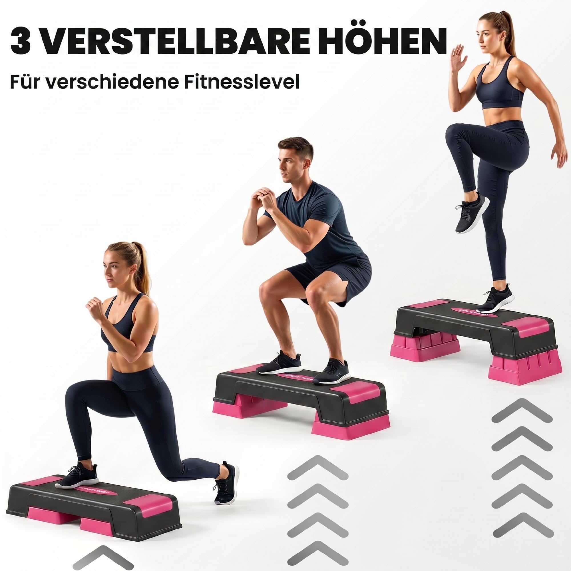 SPORTNOW Steppbrett höhenverstellbar Fitness Aerobic Stepper mit 3 Stufen (12/17,5/22,5 cm), Anti-Rutsch-Matte, Rutschfest Step Bench für Zuhause Fitnessstudio Büro Schwarz+Rosa