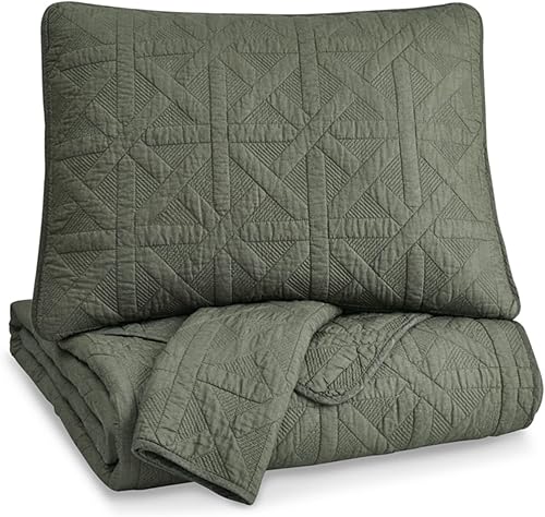 Signature Design by Ashley Guslea - Juego de colcha de algodón geométrico contemporáneo King color verde