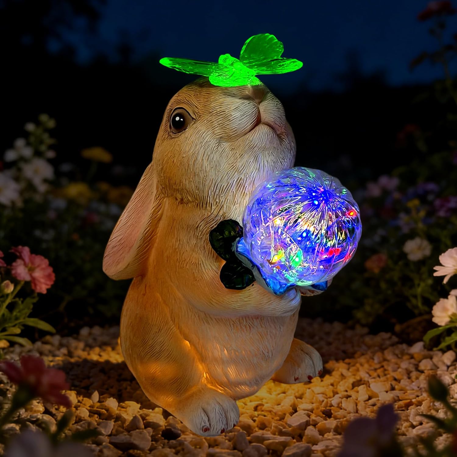 Hogni Solar Bunny Garden Statue Outdoor Decor, Rabbit Figurines with LED Light, Waterproof Solar Powered Yard Art for Patio, Balcony, Lawn, Cute House Warming & Birthday Gifts for Mom, Grandma, Women
