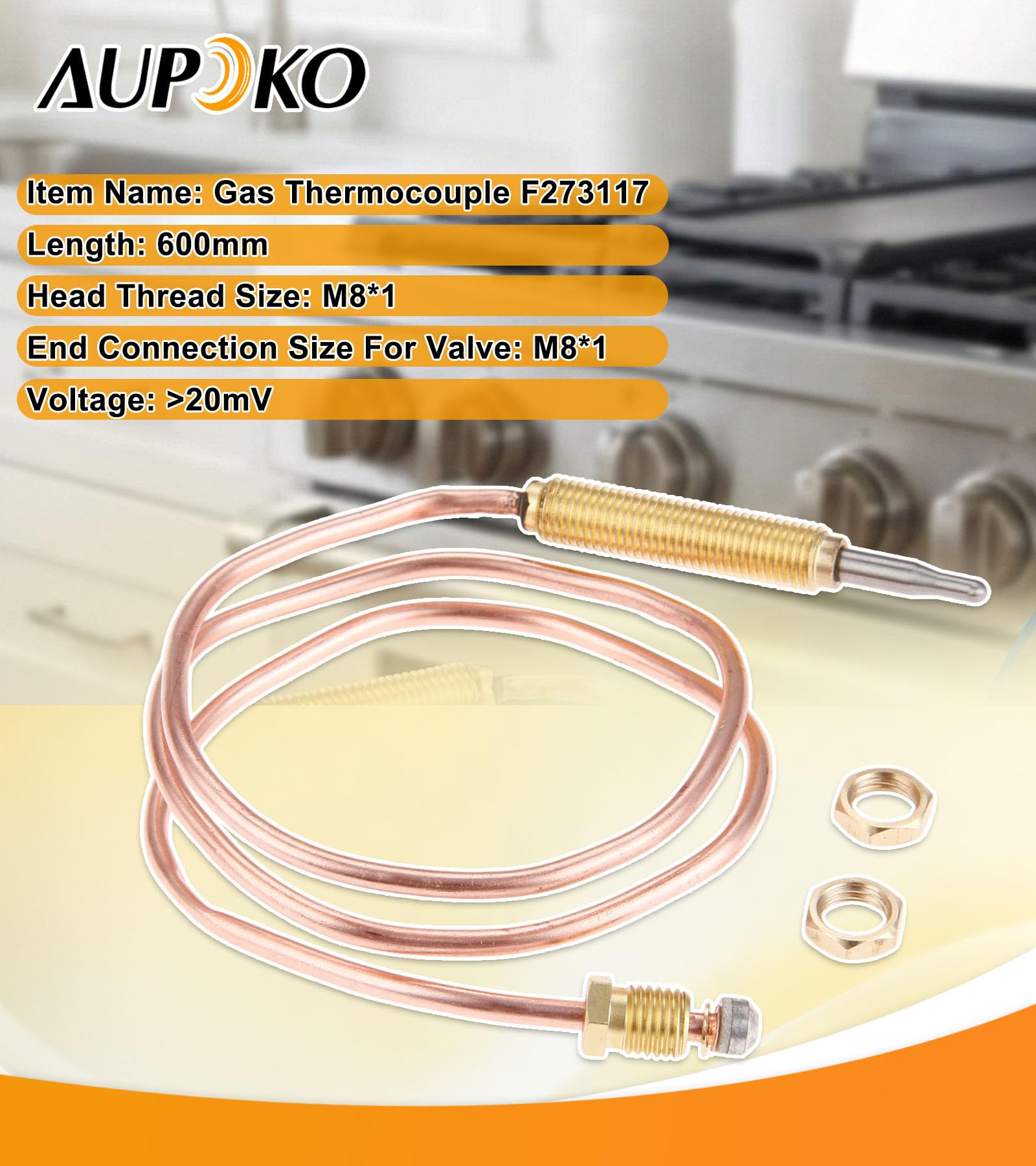 Aupoko Termocoppia universale a gas, lunghezza 600 mm, attacco M8 x 1 e punta a testa per barbecue o braciere o scaldabagno a gas