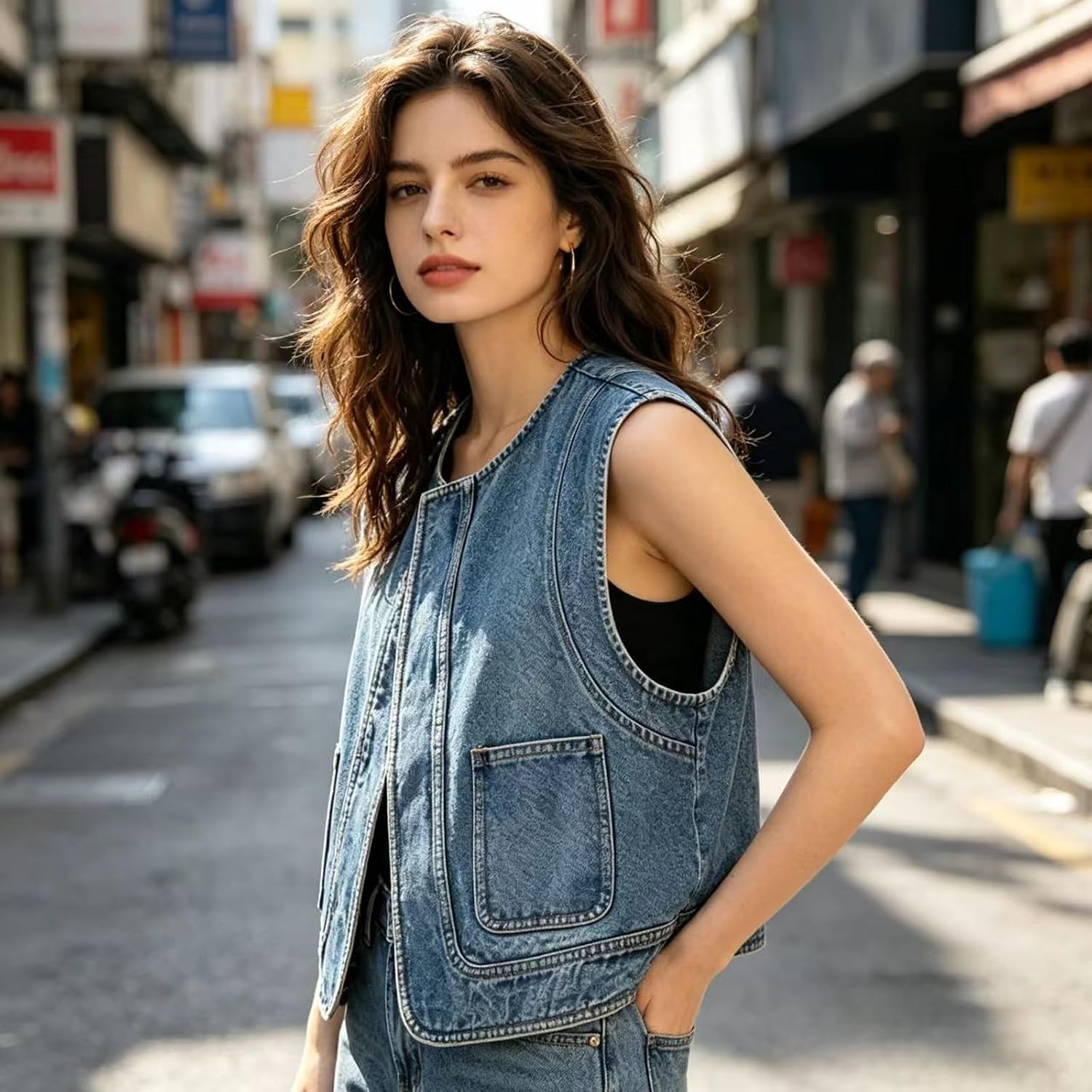 Kvor Women's Denim Vest Jean Vest for Women Collarless Sleeveless Vintage Wash Summer Top Lightweight Layering Piece
