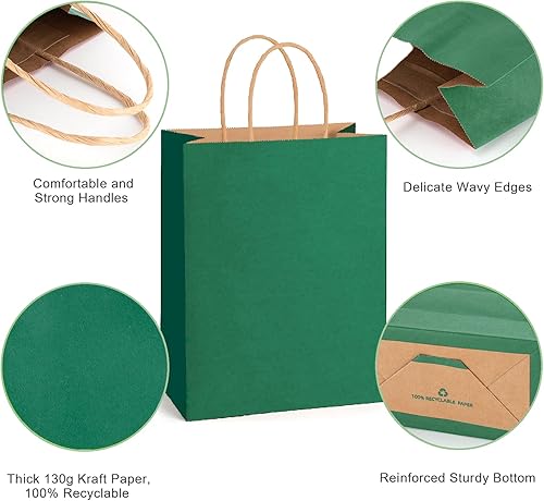 Miniatura 3 de 25 bolsas de papel con asas. Bolsas de regalo medianas para fiestas, bolsas de regalo, bolsas de compras, bolsas de regalo verdes con asas a granel