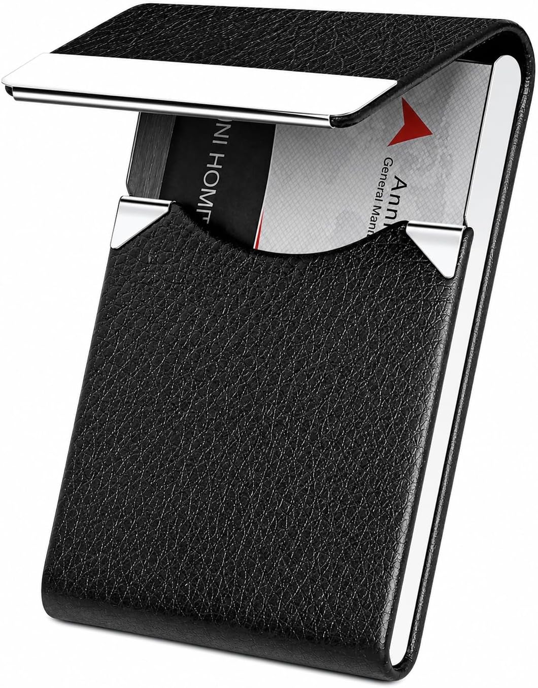 Business Card Holder Case - Pu Leather Name Slim Metal Pocket With Magnetic Shut, Black